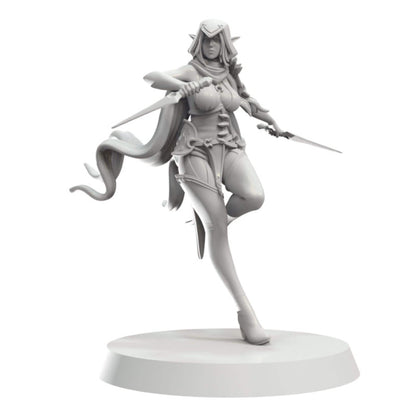 An unpainted hooded female elf miniature, lunging dynamically with two daggers.