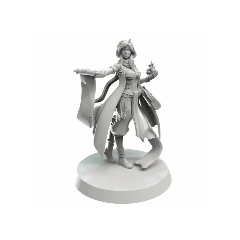 Grey miniature of a female character holding a scroll and a flaming orb, standing on a round base.