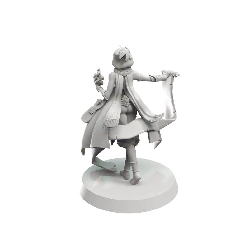 Grey 3D rendered miniature, back view, holding an unfurled scroll and a small object.