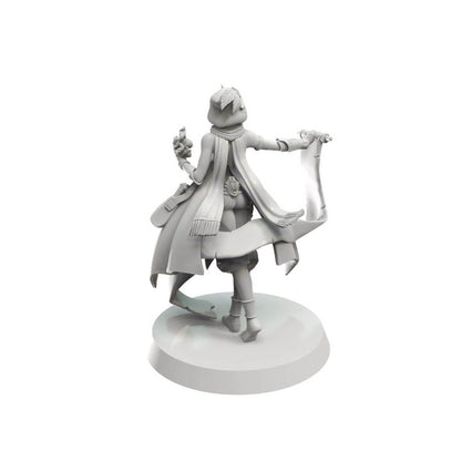 Grey 3D rendered miniature, back view, holding an unfurled scroll and a small object.