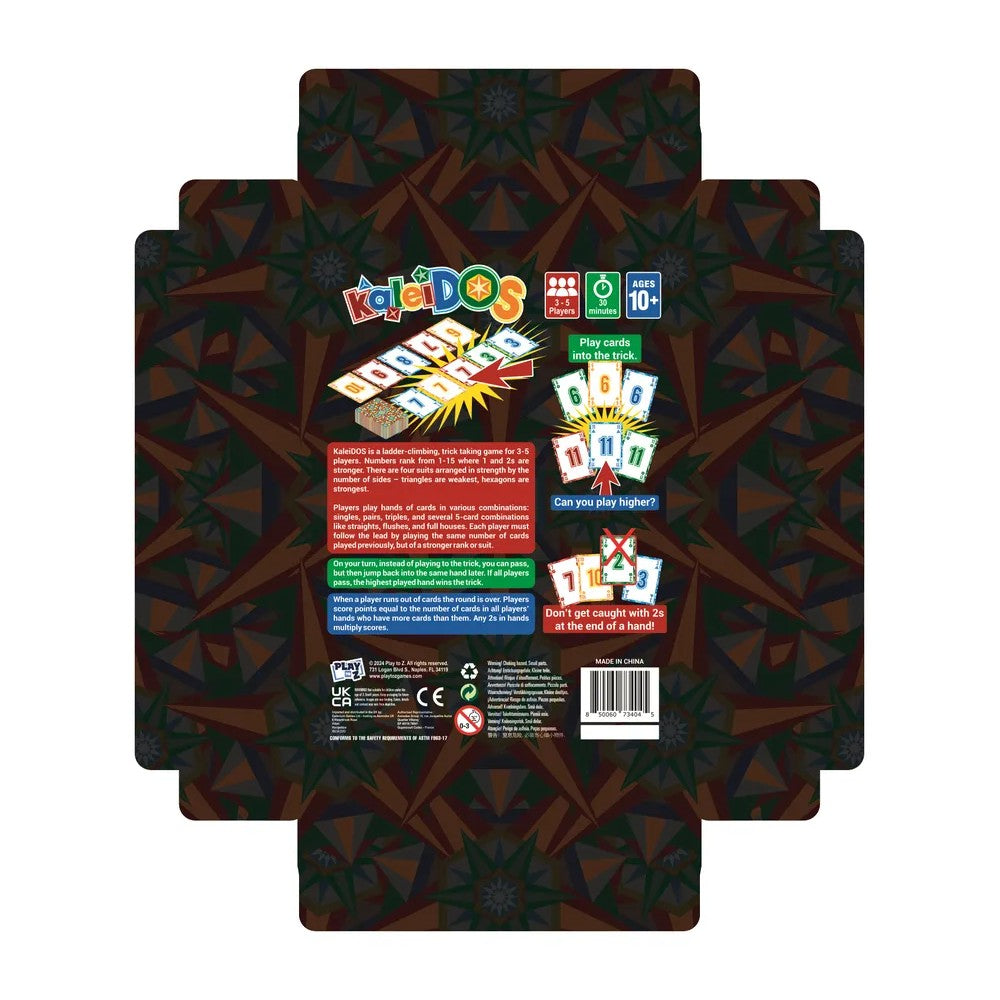 Back of KaleiDOS board game box with title, colorful geometric game cards, and illustrations of card play