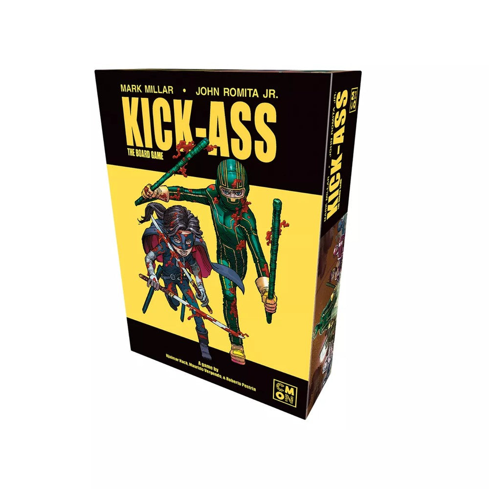 Kick-Ass The Board Game box: Kick-Ass in green suit with batons and Hit-Girl with swords, both blood-splattered, on yellow