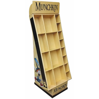 An empty "Munchkin" branded light wood display stand with multiple tiered shelves and a cartoon character graphic on the side