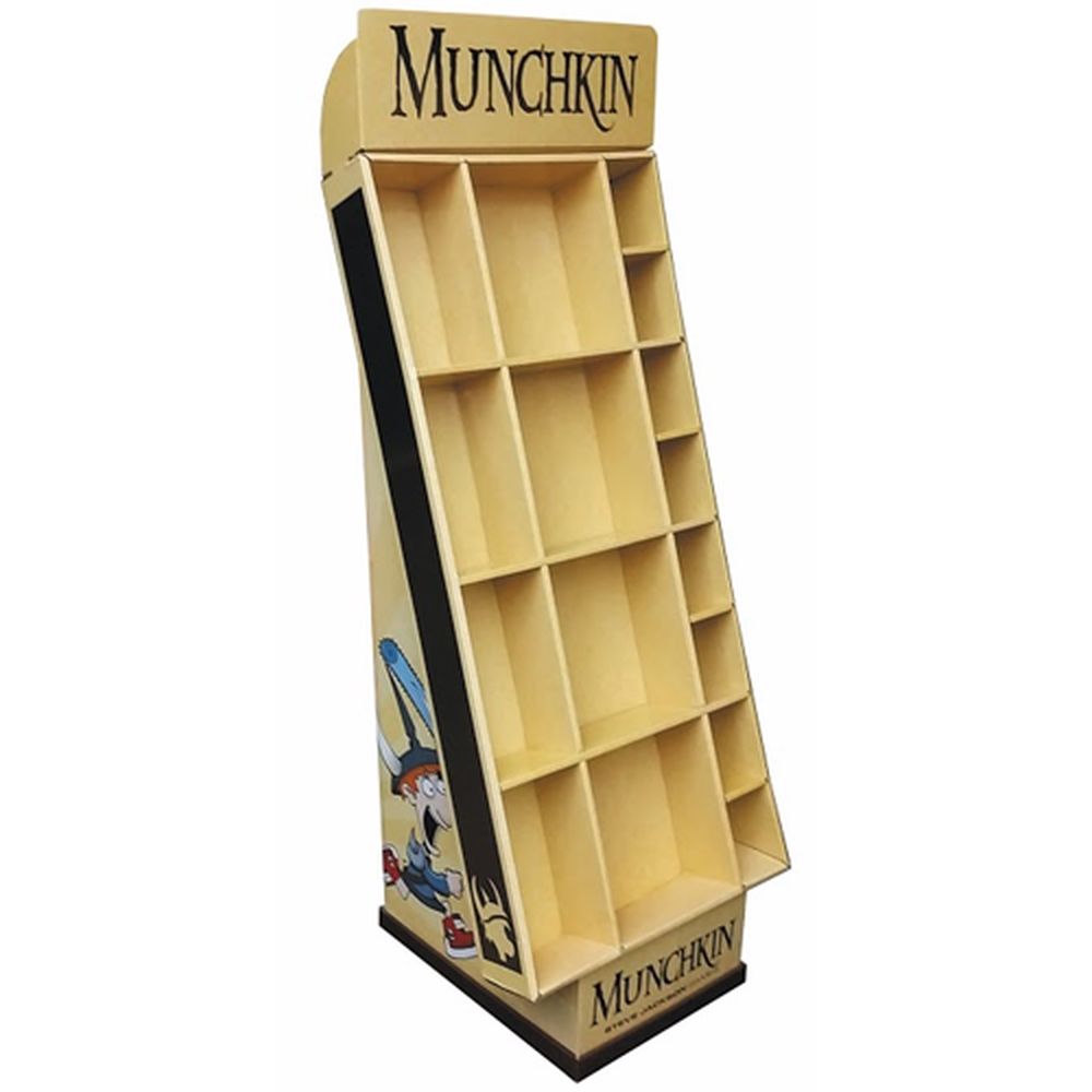 An empty "Munchkin" branded light wood display stand with multiple tiered shelves and a cartoon character graphic on the side