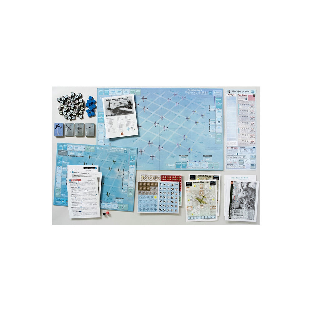 Complete contents of the "Skies Above the Reich" wargame, showing formation maps, counters, and rulebook.