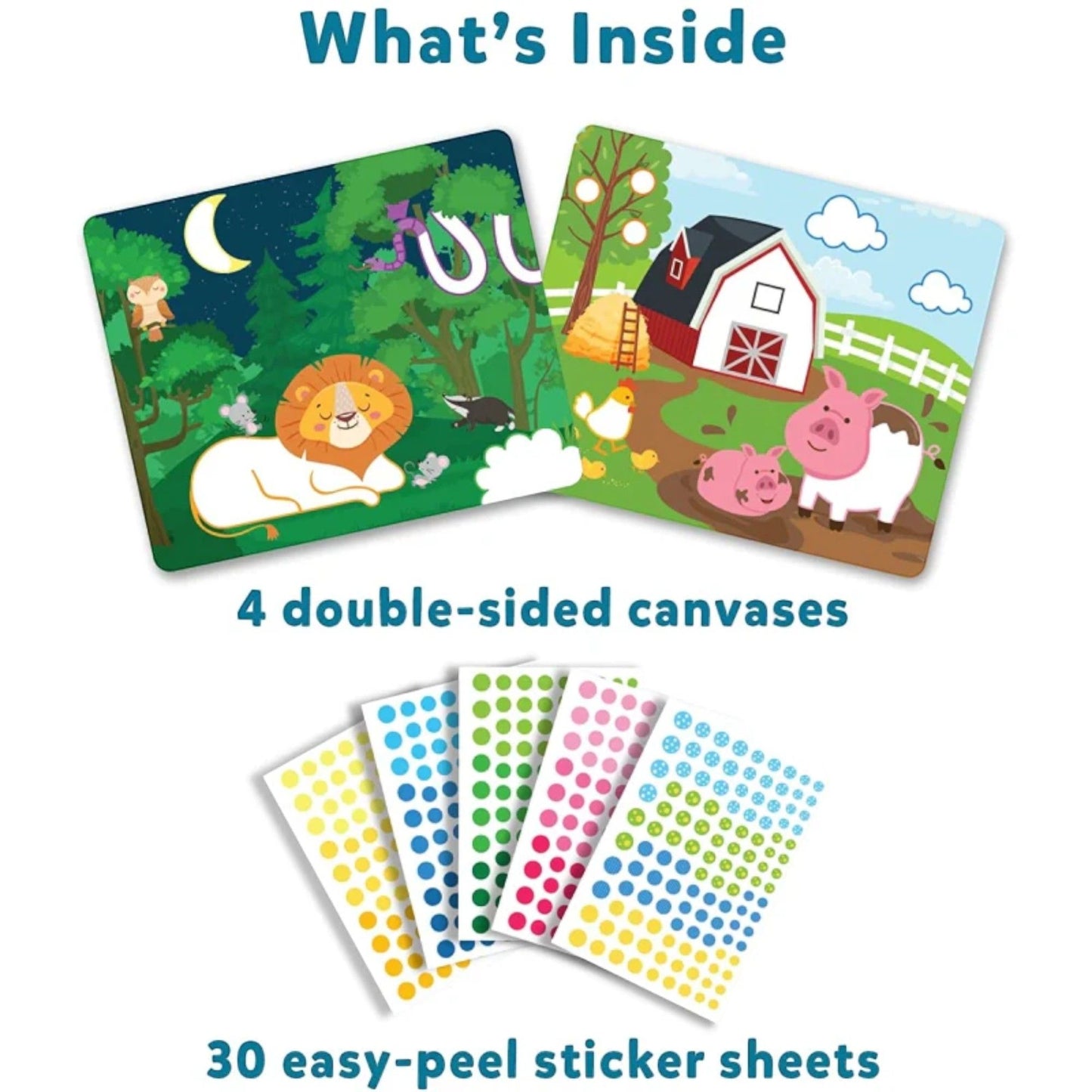 Activity kit showing two illustrated canvases (jungle lion, farm pigs) and fanned sheets of colorful circular stickers