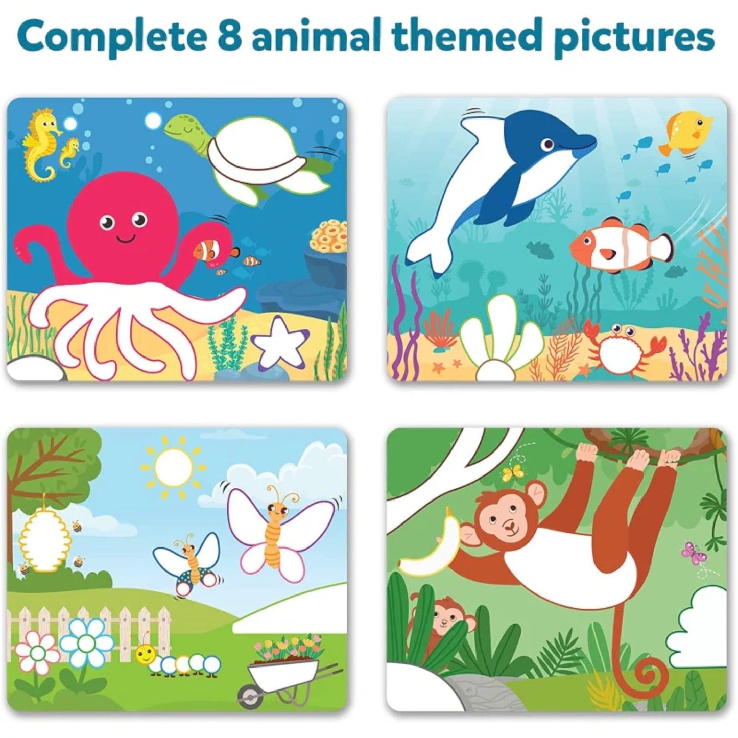 Four animal activity cards (octopus, dolphin, monkey, butterflies) with large white outlines intended for filling or coloring