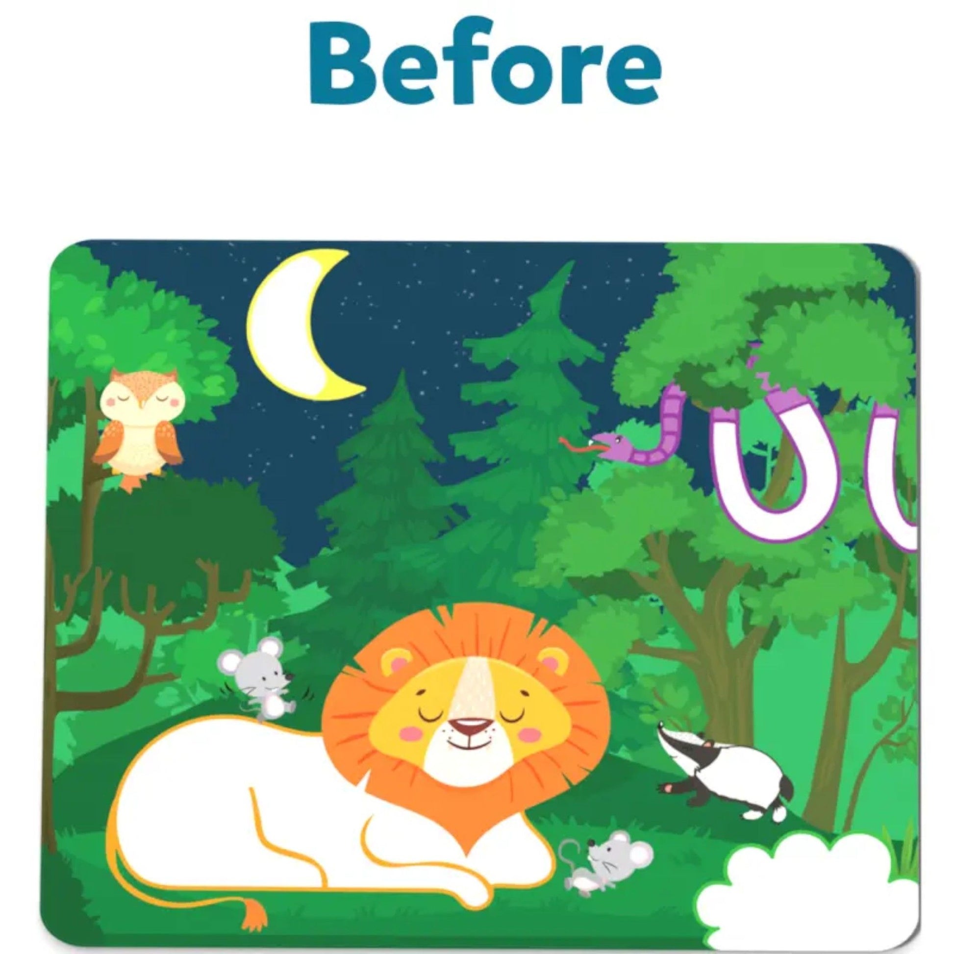 Before - A cartoon lion sleeps in a nighttime forest with an owl, mice, badger, and snake nearby