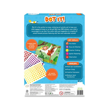 Back of the "Dot It!" activity kit box, displaying colorful sticker sheets and a monkey canvas for dot art