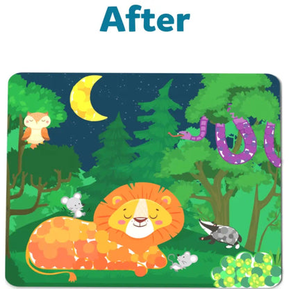 Cartoon of a relaxed lion resting peacefully in the nighttime forest surrounded by mice, a badger, and other animals