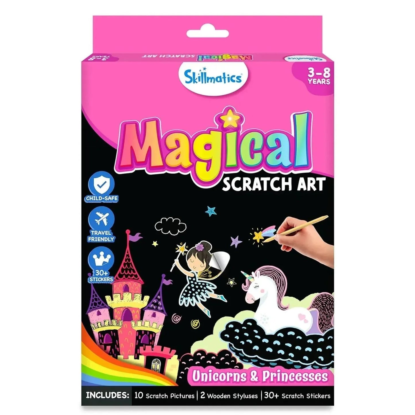Skillmatics Magical Scratch Art box, featuring unicorns, princesses, and a hand scratching an illustration