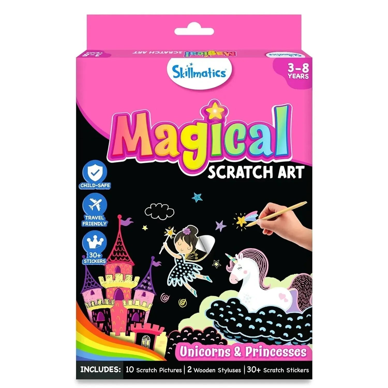 Skillmatics Magical Scratch Art box, featuring unicorns, princesses, and a hand scratching an illustration