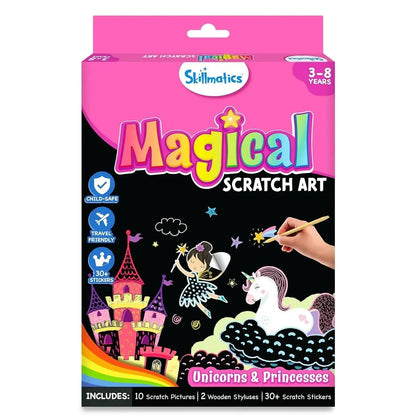 Skillmatics Magical Scratch Art box, featuring unicorns, princesses, and a hand scratching an illustration