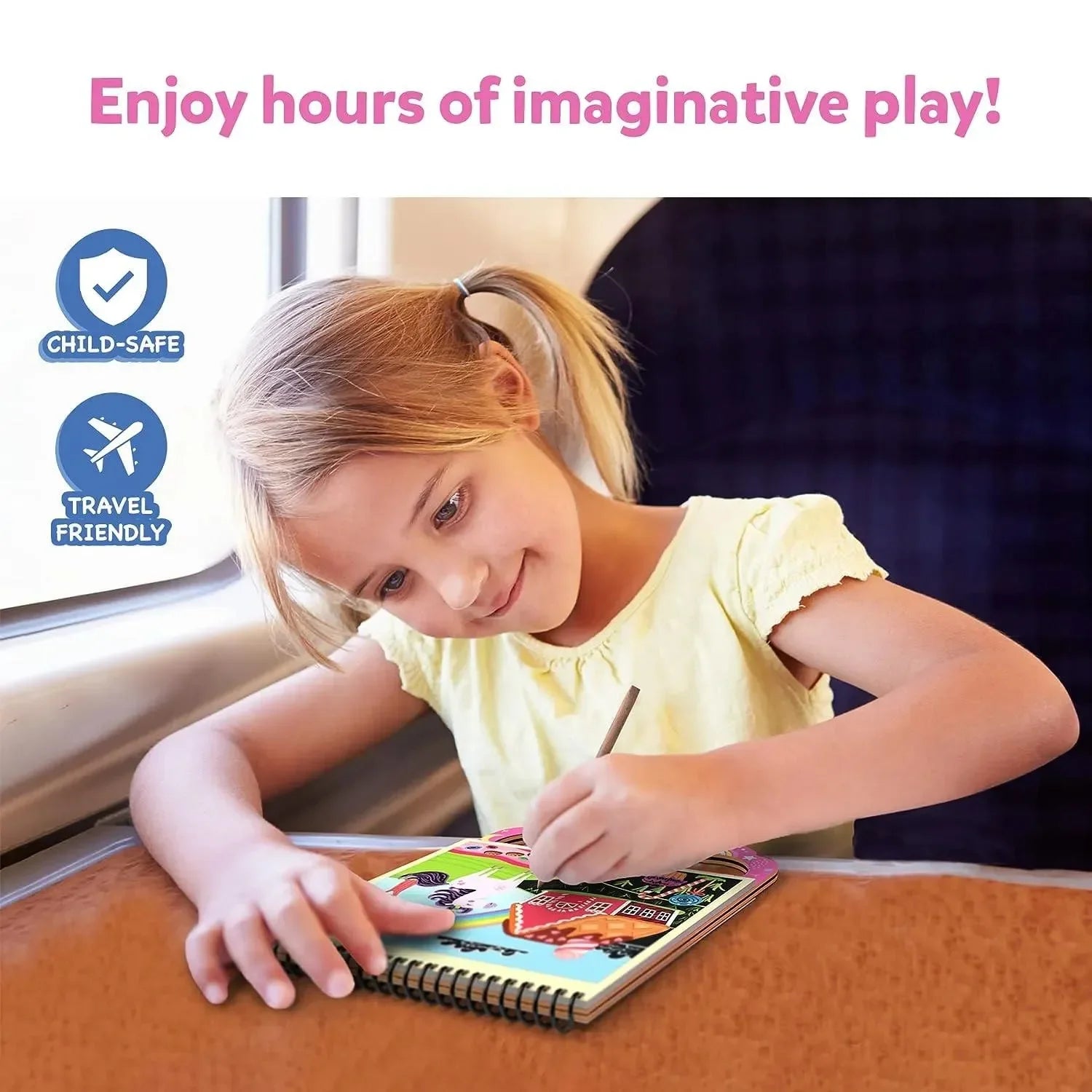 Young girl concentrating on drawing in a travel activity book on a train or bus