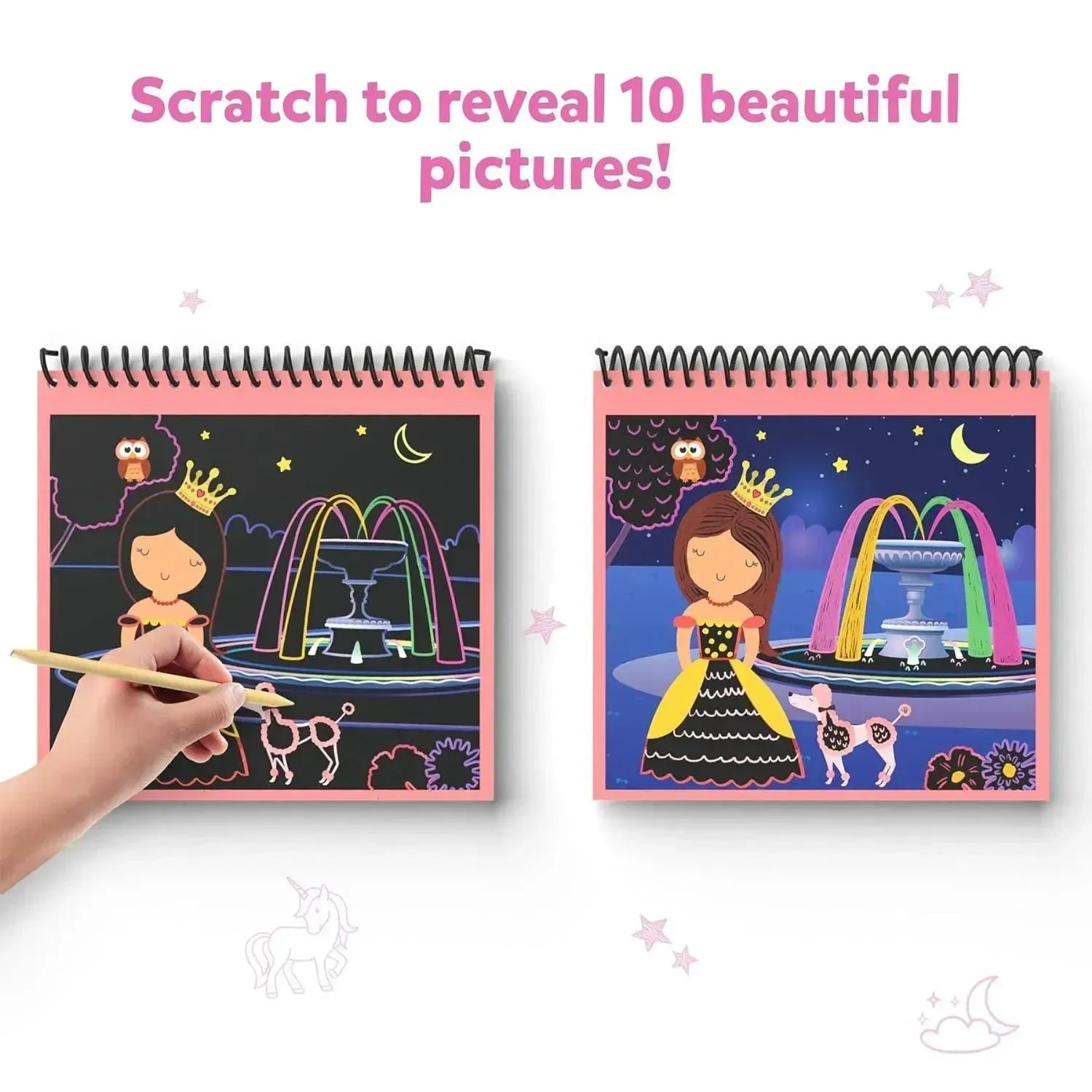 Hand scratching a black scratch-art page to reveal a colorful scene of a princess, poodle, and fountain