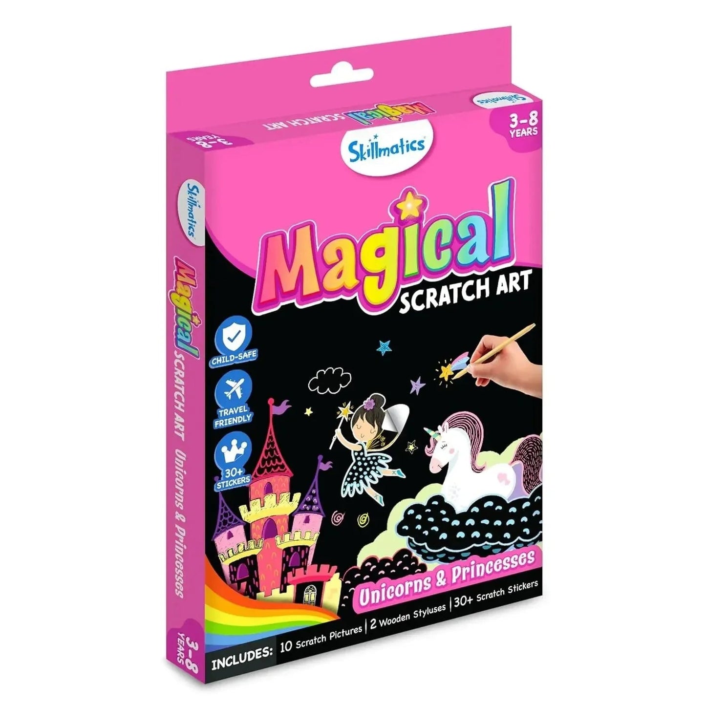 Skillmatics Magical Scratch Art kit for 3-8 years, featuring unicorns, princesses, and a castle