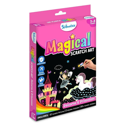 Skillmatics Magical Scratch Art kit for 3-8 years, featuring unicorns, princesses, and a castle