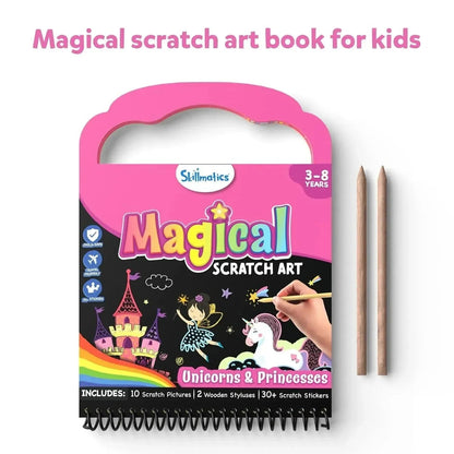 Pink Skillmatics Magical Scratch Art book (Unicorns & Princesses) with two wooden styluses