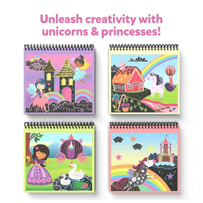 Set of four colorful art pads illustrating unicorns, princesses, castles, and fairy tale scenes