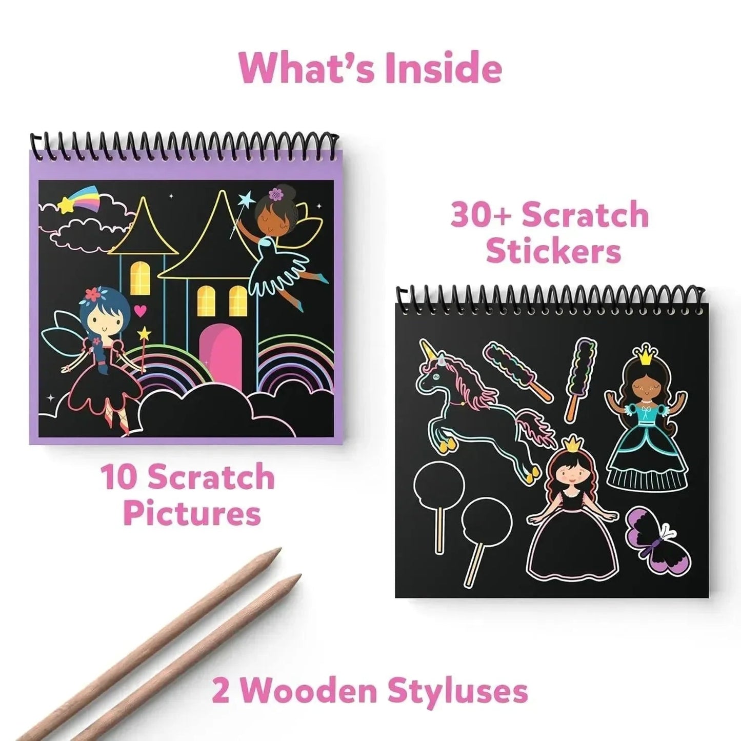 Contents of a fairy-themed scratch art kit: two pads revealing colorful princess designs, scratch stickers, and styluses