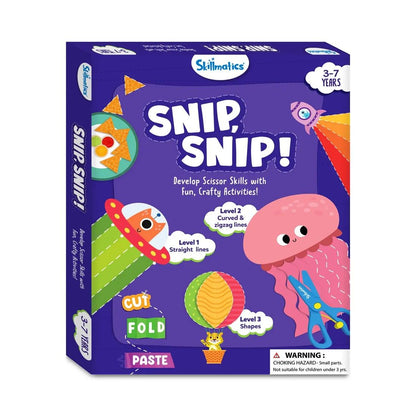 Skillmatics Snip Snip! activity kit box (ages 3-7), Illustrations show levels of cutting practice for scissor skills development