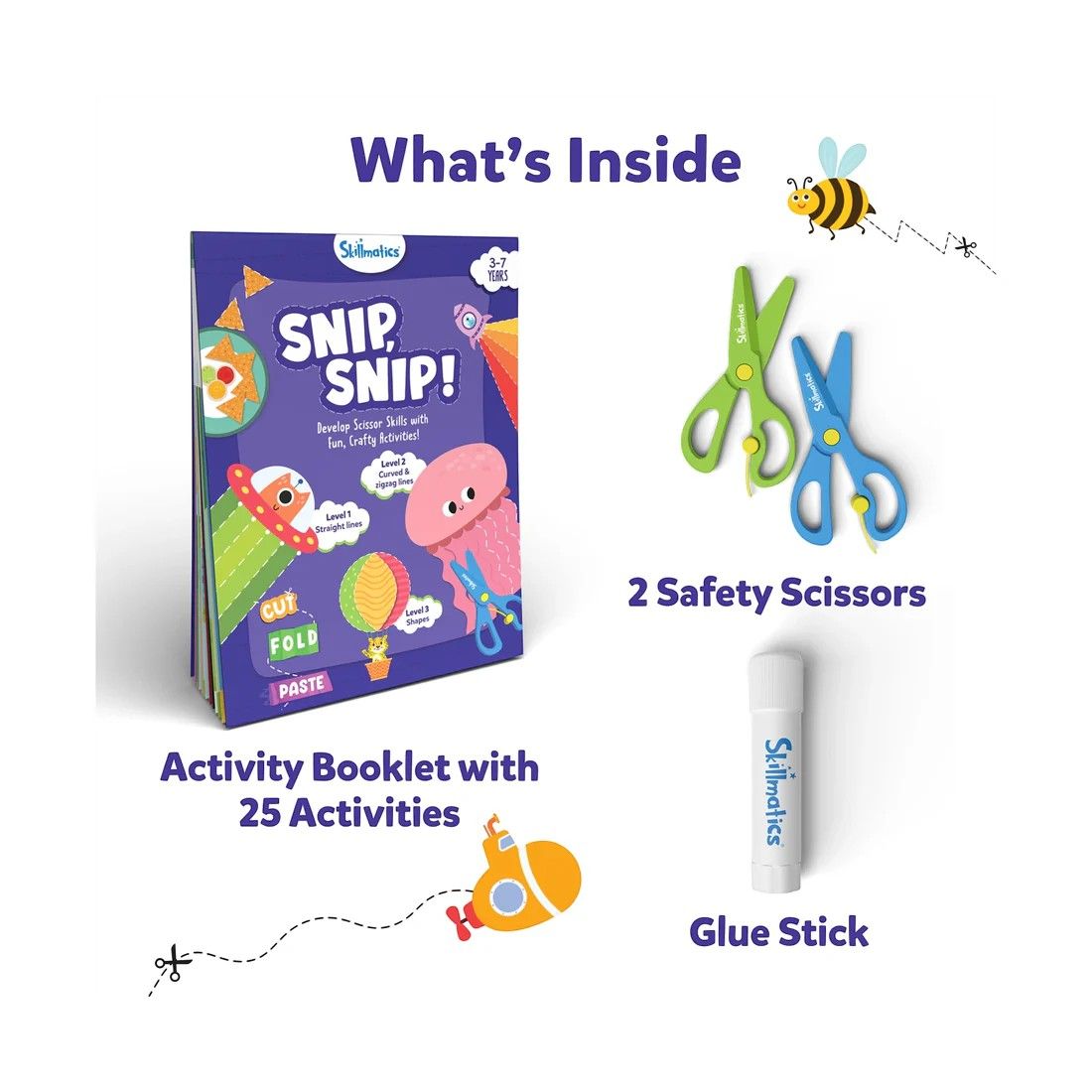 Skillmatics Snip Snip craft kit contents: activity booklet, green and blue safety scissors, and glue stick