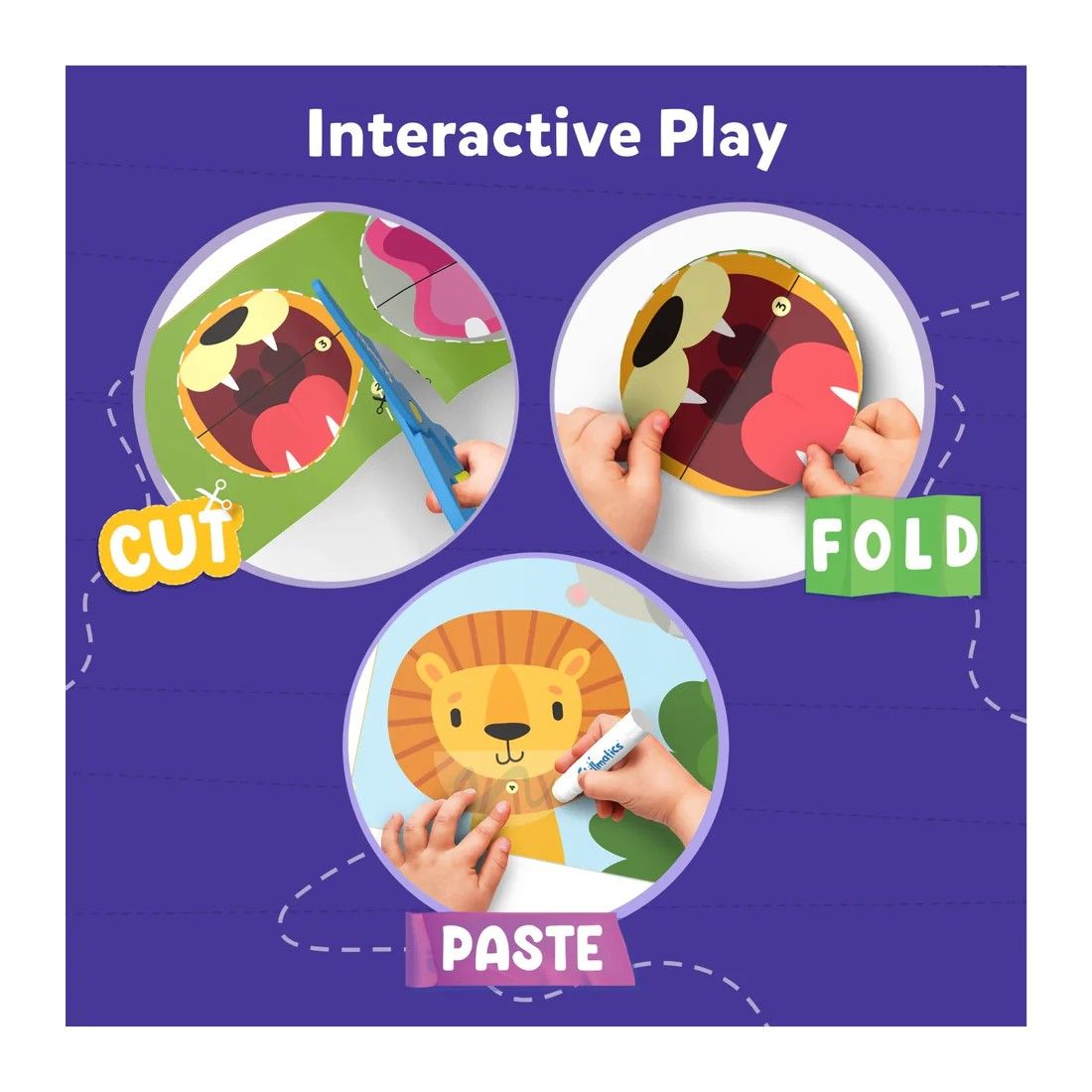 Three-step craft process: hands cutting, folding, and pasting to create a cartoon lion figure
