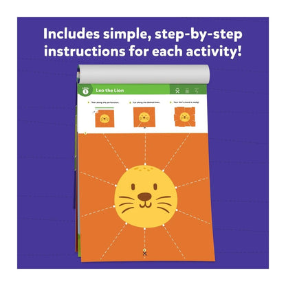Activity book open to a page showing steps for creating a paper lion face craft with cutting lines