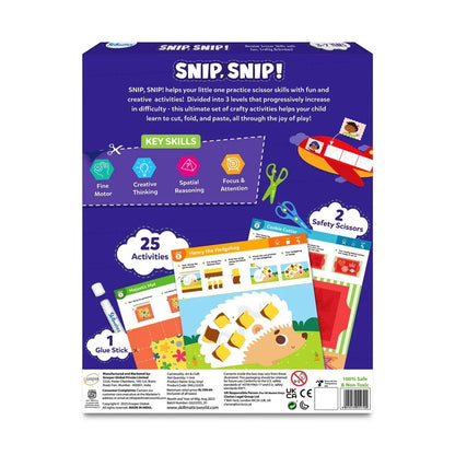 Packaging for the "SNIP, SNIP!" scissor skills craft kit, detailing contents like safety scissors, glue stick, and a hedgehog activity