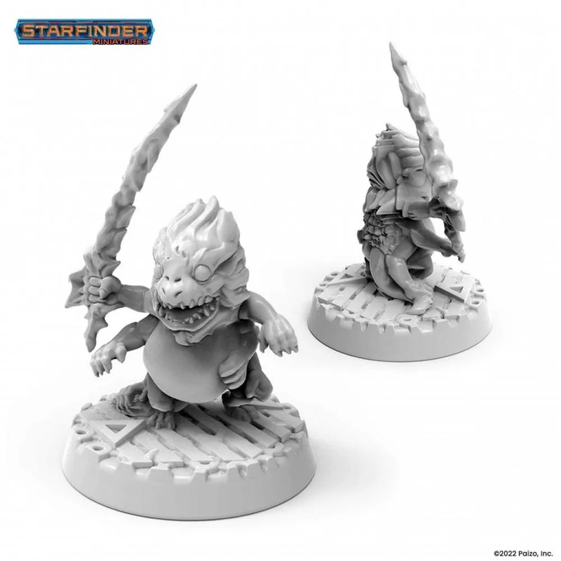An unpainted Starfinder Skittermander miniature of a squat, multi-armed monster with sharp teeth wielding a jagged sword, shown front and back
