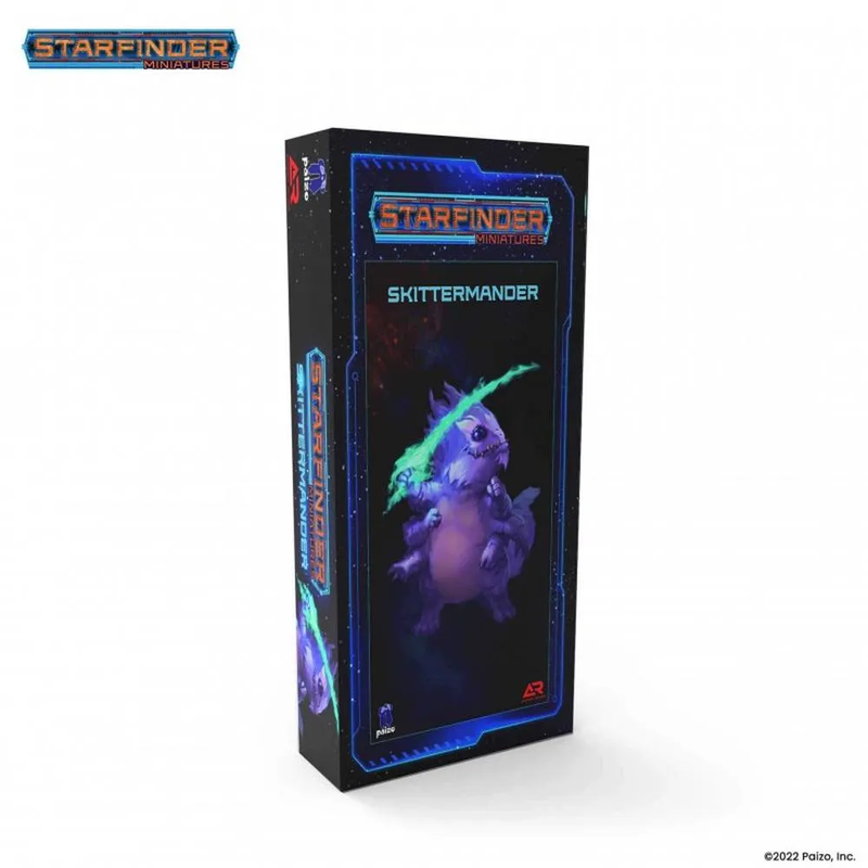 Starfinder Miniatures product box showing a purple Skittermander holding a glowing green blade