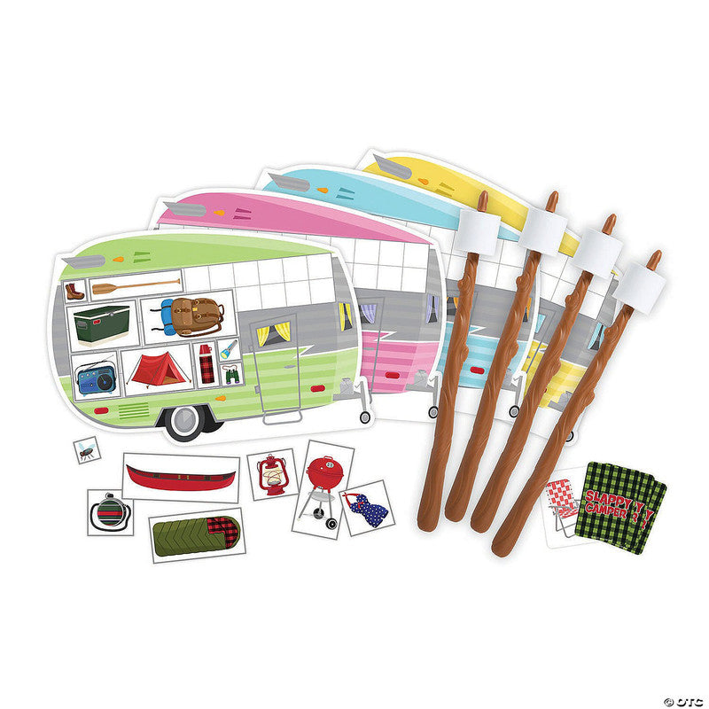 MindWare Slappy Camper board game with camper cards, item tiles, and slappy sticks