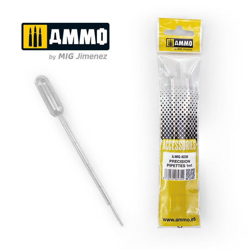 AMMO by MIG Jimenez 1ml precision pipettes, one shown unpackaged next to its yellow and clear retail package
