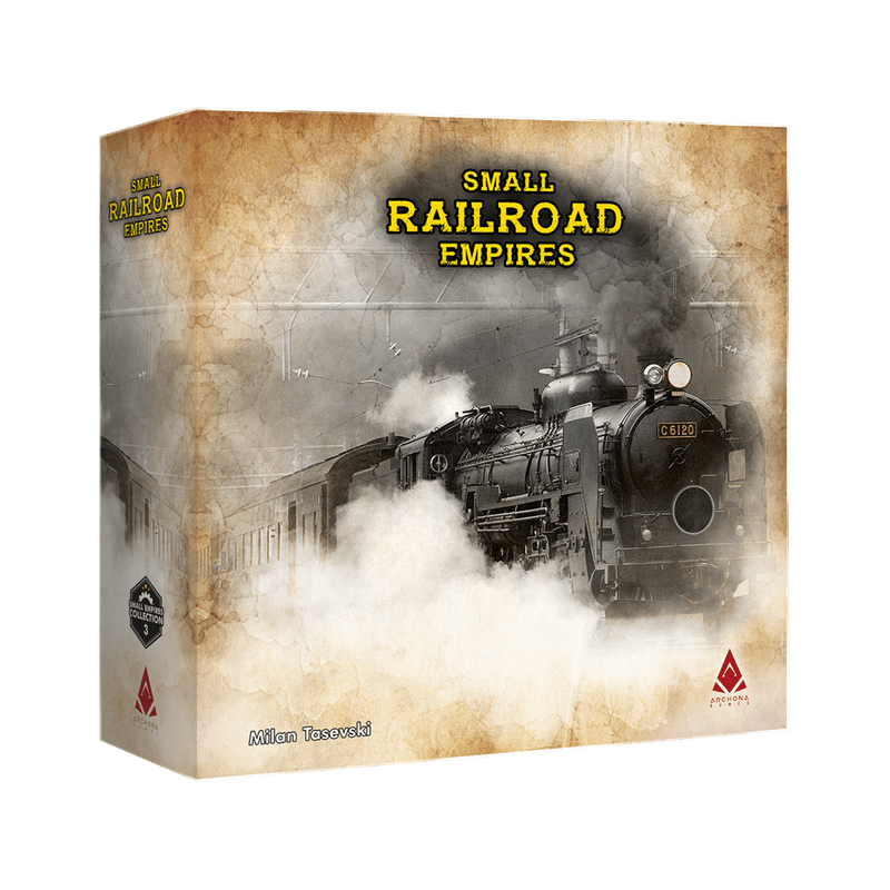 Box for 'Small Railroad Empires' board game, featuring a vintage black steam locomotive emitting smoke