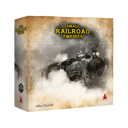 Box for 'Small Railroad Empires' board game, featuring a vintage black steam locomotive emitting smoke