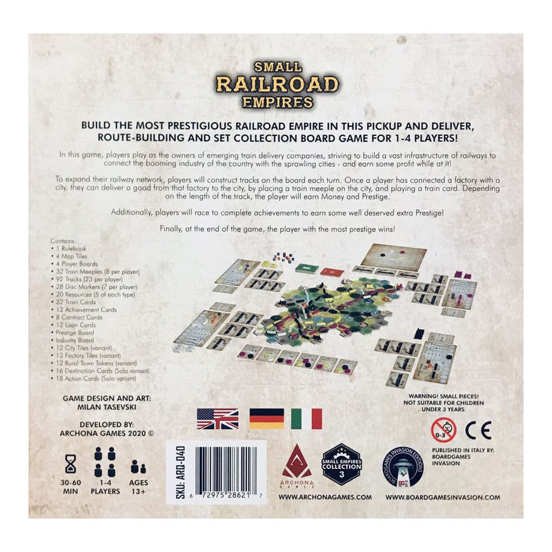 Back of "Small Railroad Empires" board game box, showing title, game description, and a full game setup