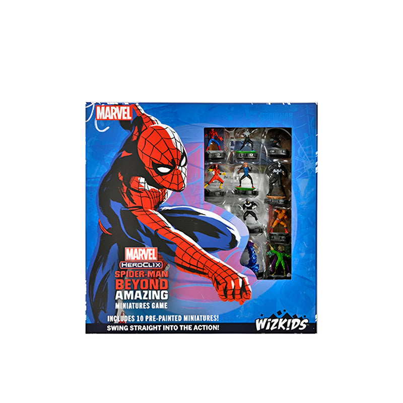 Marvel HeroClix: Spider-Man Beyond Amazing Miniatures Game box features Spider-Man art and a window showing 10 miniatures