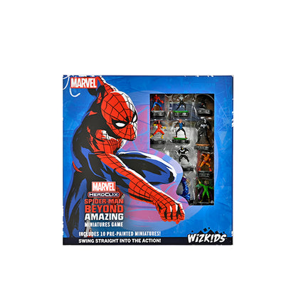 Marvel HeroClix: Spider-Man Beyond Amazing Miniatures Game box features Spider-Man art and a window showing 10 miniatures