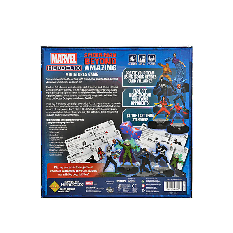 Back of Marvel HeroClix Spider-Man Beyond Amazing Miniatures Game box. Displays Spider-Man, and other hero/villain miniatures in action, with character cards and dice