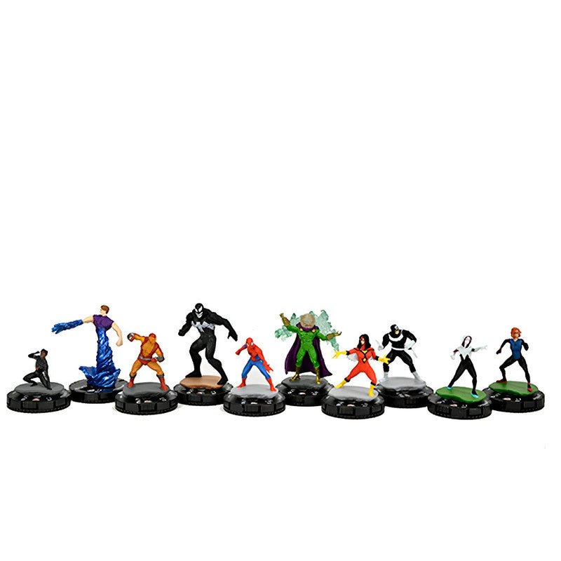 Ten colorful superhero and villain miniatures, including Spider-Man and Venom, stand on black bases in a row