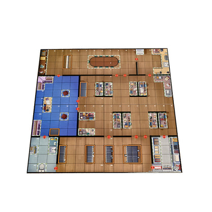 A Marvel board game map shows an overhead view of a detailed building floor plan. It features rooms, hallways, furniture, and blue sections