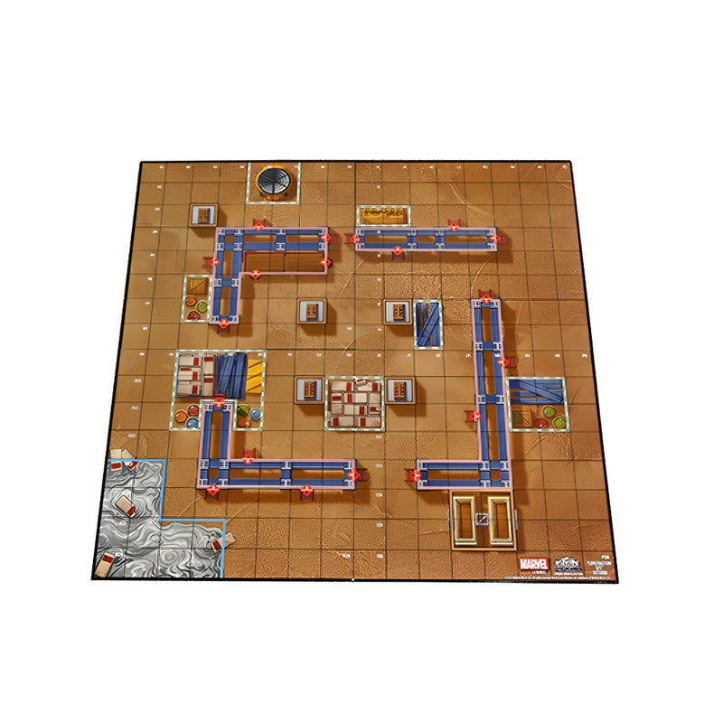 Marvel Crisis Protocol game board: a brown grid with blue conveyor belts, crates, and an industrial-themed layout