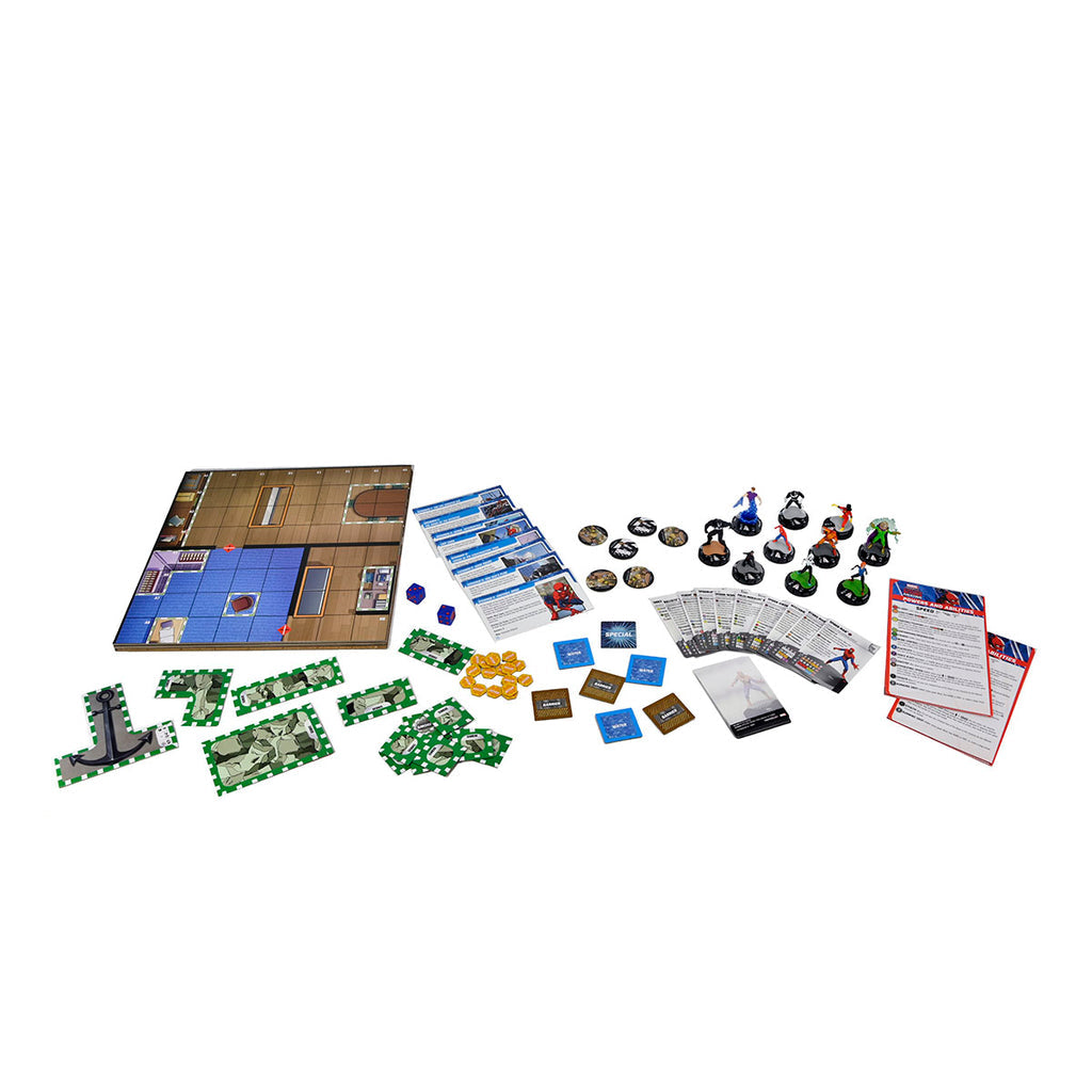 Marvel HeroClix: Spider-Man Beyond Amazing miniatures game set, with modular map tiles, character figures, cards, dice, and tokens displayed