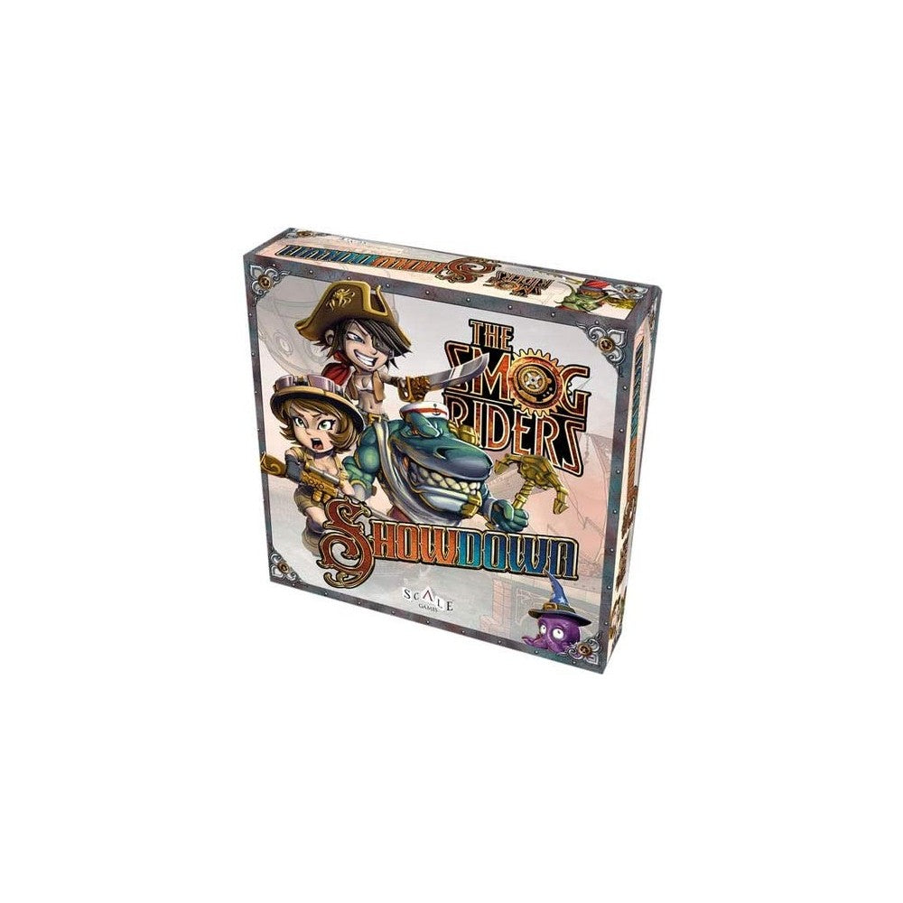 Angled view of The Smog Riders Showdown board game box featuring steampunk characters, a mechanical shark, and the Scale Games logo on its cover