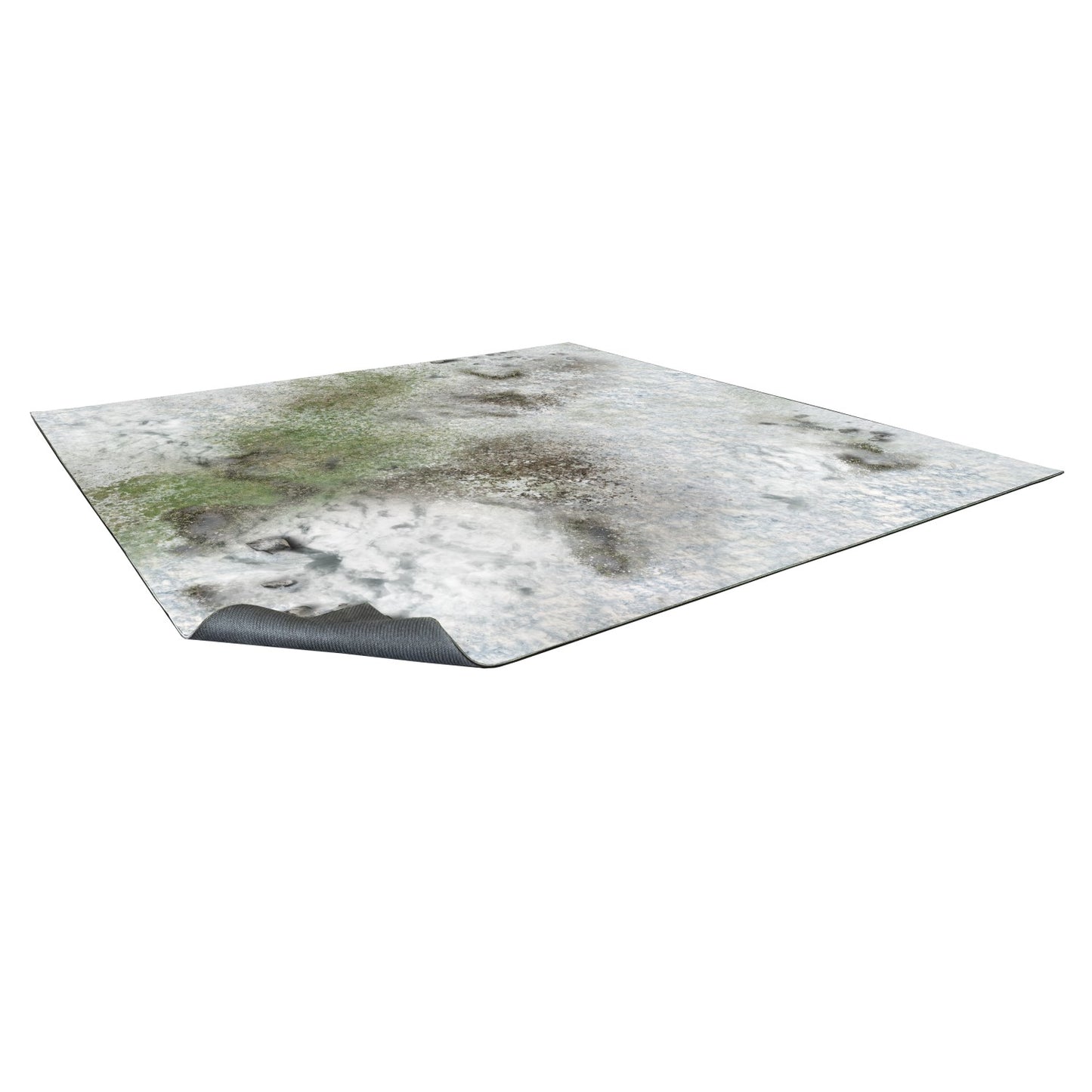 A rectangular gaming mat with a muddy, rocky, wet ground pattern and green patches. A corner is lifted.