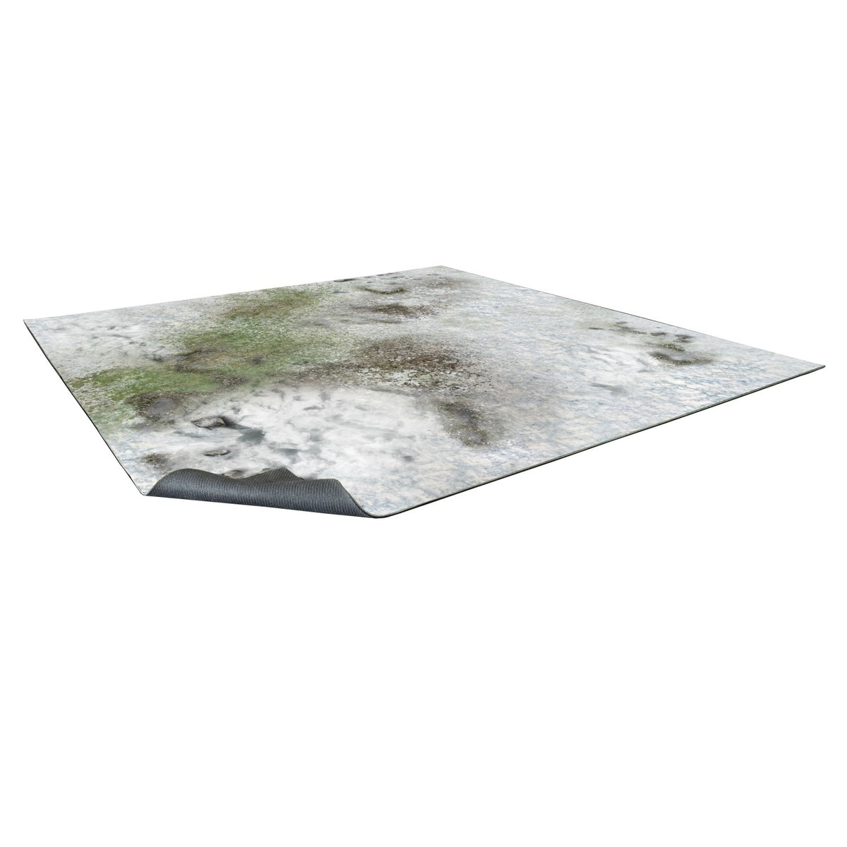 A rectangular gaming mat with a muddy, rocky, wet ground pattern and green patches. A corner is lifted.