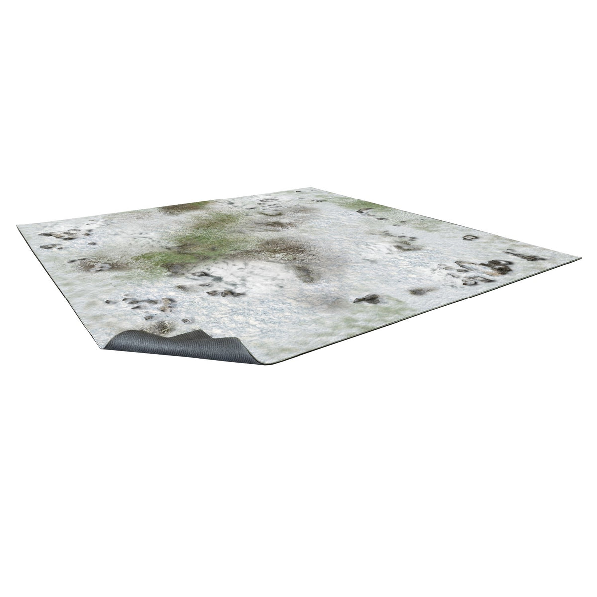 Snowy terrain gaming mat with patches of ice, mud, and sparse green, curled at one corner showing its dark underside.