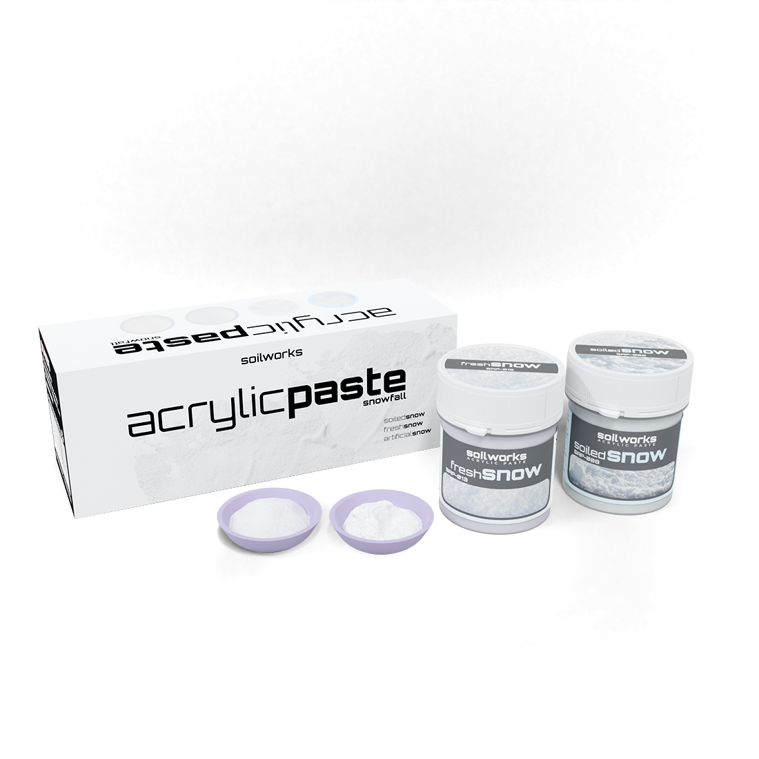 Soilworks "AcrylicPaste Snowfall" box, "Fresh Snow" & "Soiled Snow" jars, and white samples in two dishes.