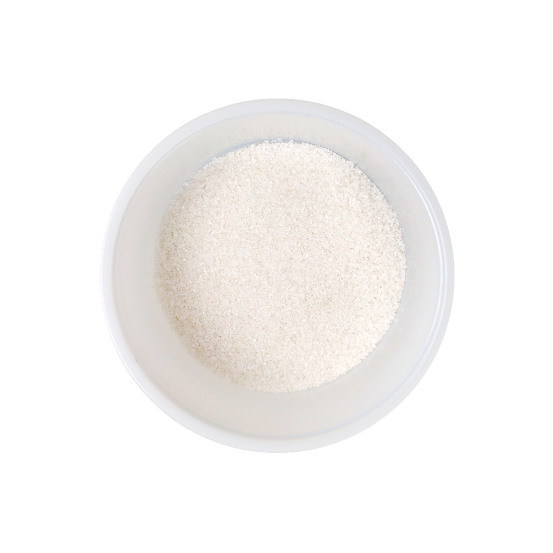 White broken rice fills a white round bowl, viewed from above.