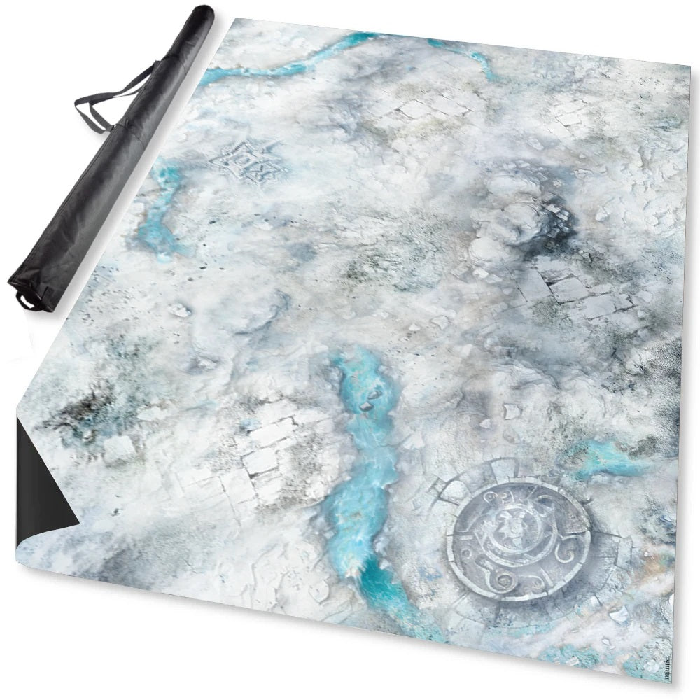 An unrolled gaming mat depicts a frozen, ruined landscape with blue ice rivers. A black carrying case is beside it